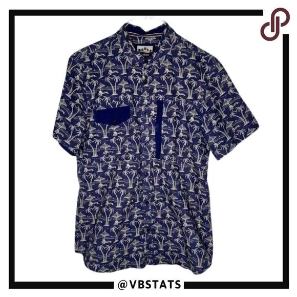 Prntd Large Navy/Khaki Graphic Tropical Print Short Sleeve Button Down Shirt - Picture 1 of 5